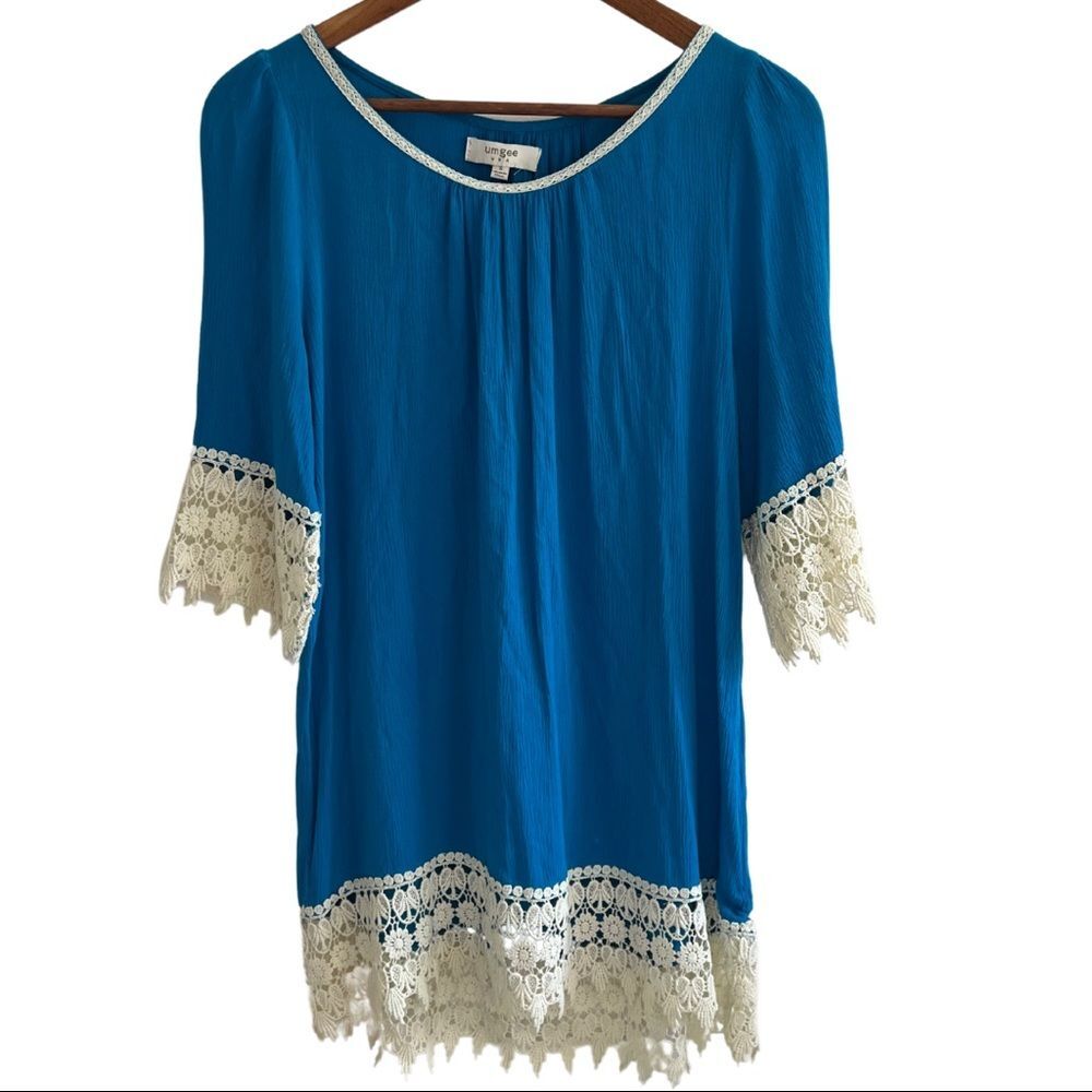Umgee Blue Tunic Dress Cream Lace Detail Boho Casual Shift Small